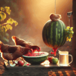 Poules picorant pastèque et pommes, fruits adaptés