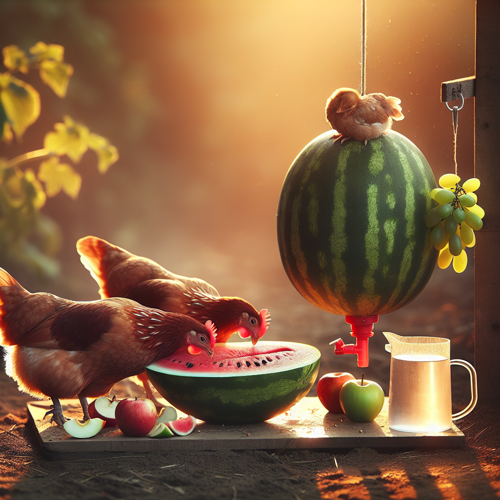 Poules picorant pastèque et pommes, fruits adaptés