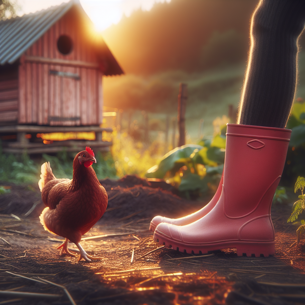 Poule qui suit son éleveur dans le jardin
