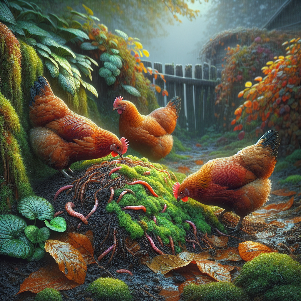 Poules qui picorent insectes et vers après la pluie