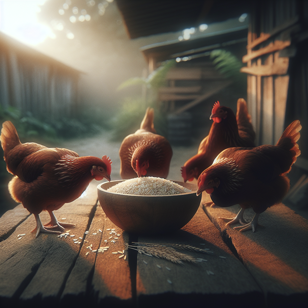 Poules mangeant riz et pâtes en complément équilibré