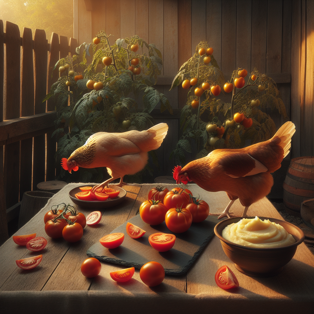 Poules mangeant tomates mûres et pommes de terre cuites