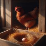 Jeune poule au nid avec son premier oeuf