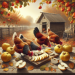 Poules dégustant des coings coupés, friandise d'automne