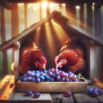 Poules picorant du raisin coupé au poulailler