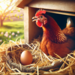 Poule chantant après la ponte près du pondoir