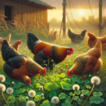 Poules mangeant de l'herbe fraîche dans un jardin