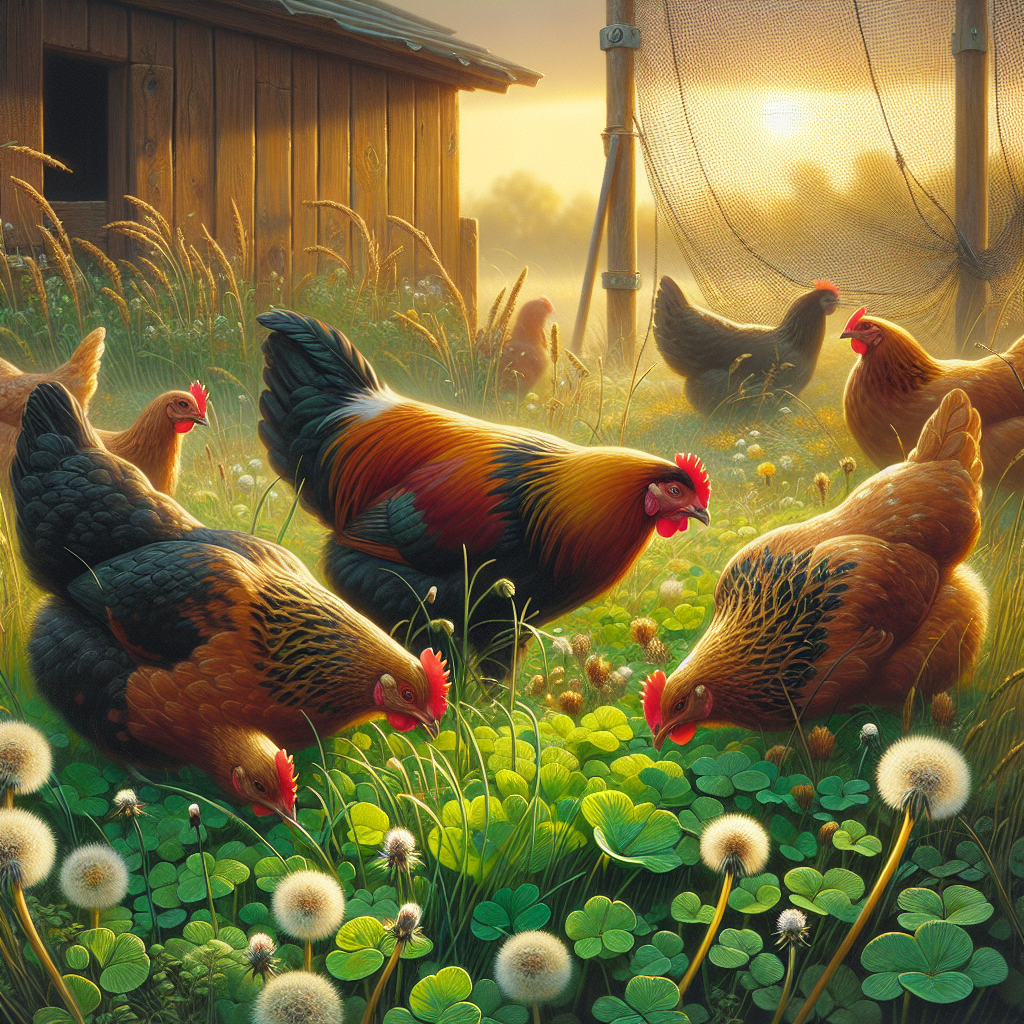 Poules mangeant de l'herbe fraîche dans un jardin