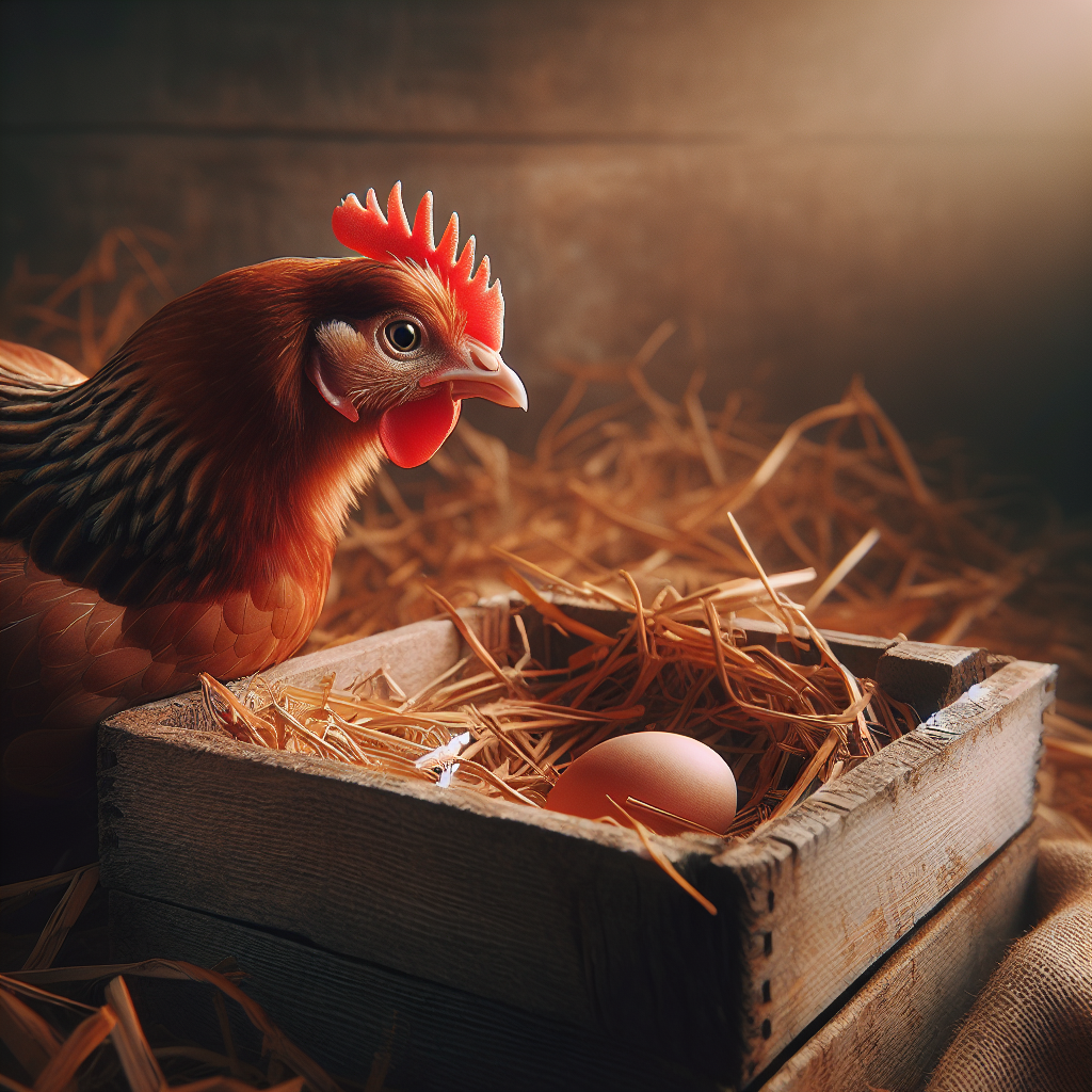 Poule prête à pondre près du pondoir