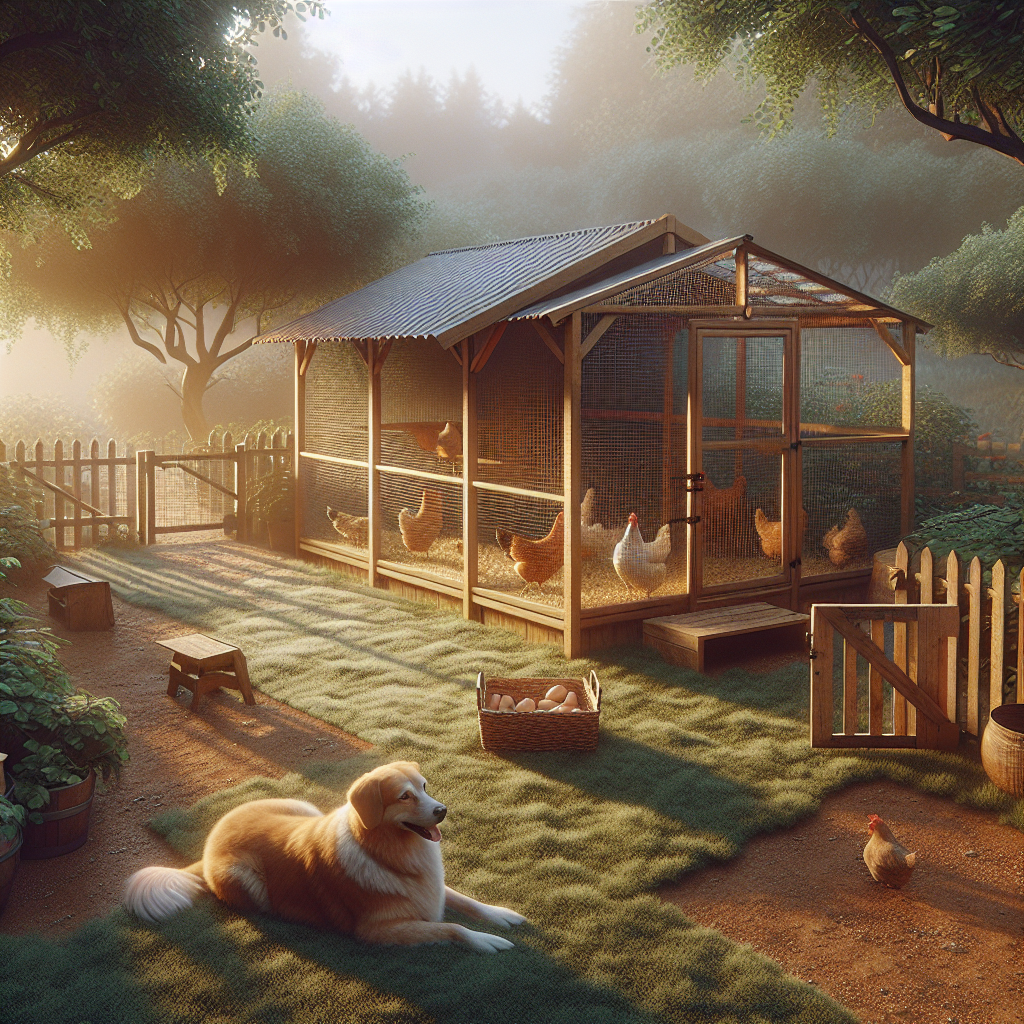 Chien calme devant un poulailler sécurisé