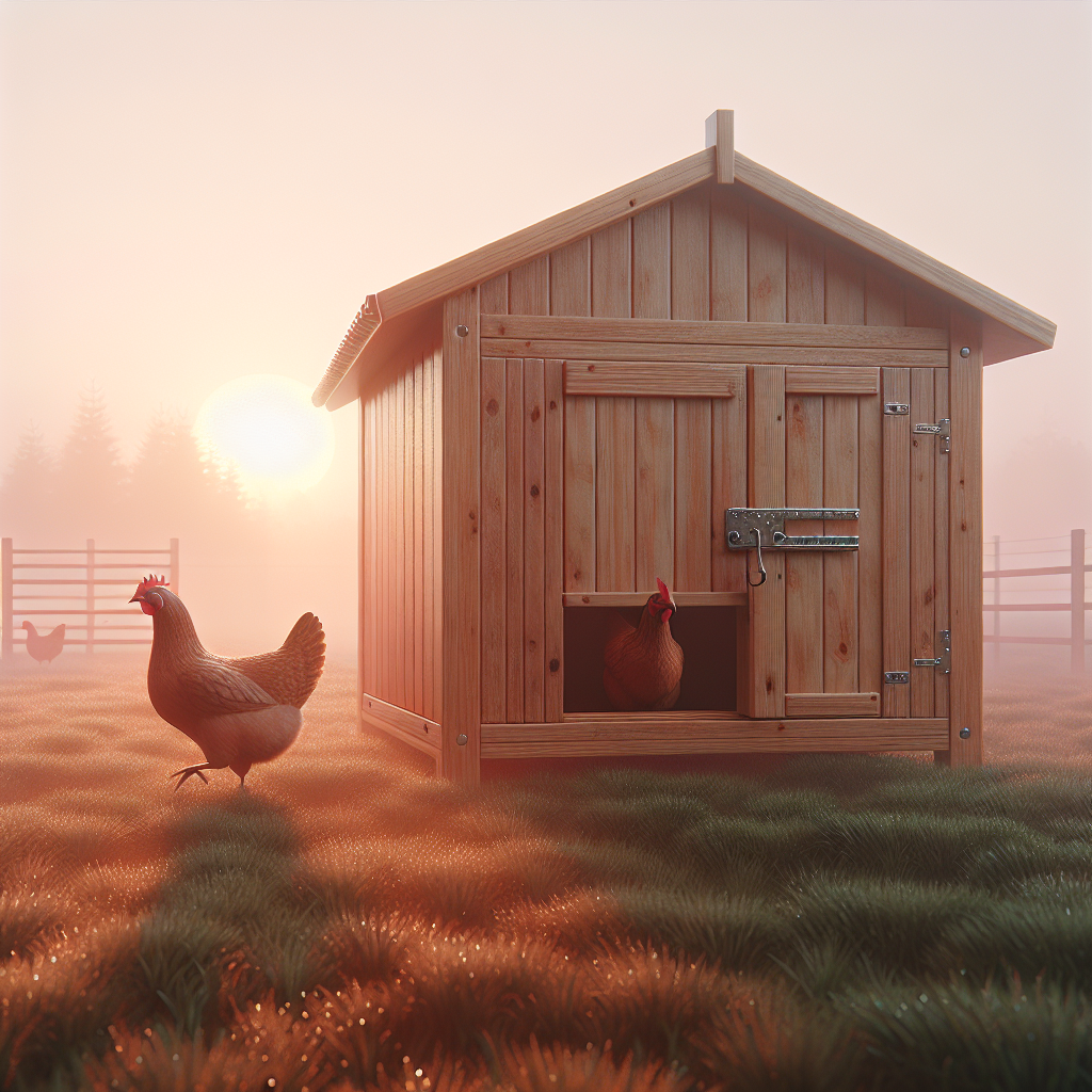 Porte automatique de poulailler en action au lever du jour
