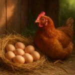 Poule rousse et panier d'oeufs frais au poulailler