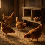 Poules sur litière sèche au poulailler