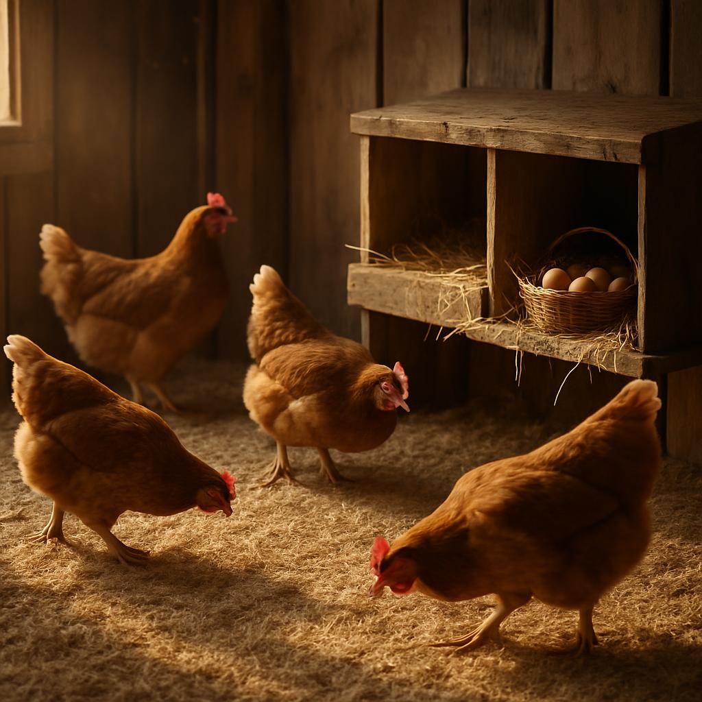 Poules sur litière sèche au poulailler