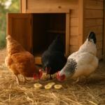 Poules picorant des morceaux de banane au poulailler